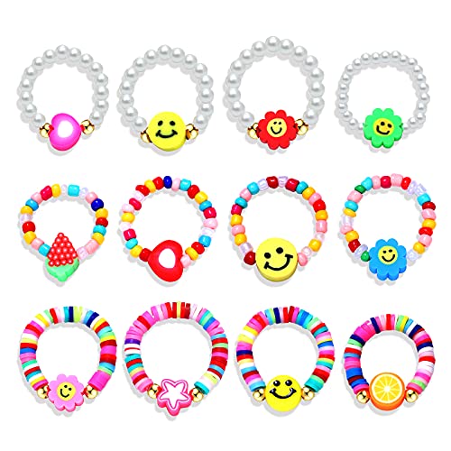 HZEYN 12Pcs Smiley Face Beaded Ring Set Handmade Cute Y2k Rainbow Beaded Stretch Ring Stackable Happy Face Floral Fruit Beaded Rings for Women Girls Set A