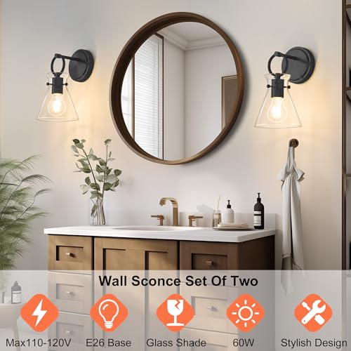 Image of Wall Sconces 2 Pack Vanity Light Fixtures for Bathroom Black | Wall Mount Lighting Lamp, Farmhouse Wall Lights 6'' Clear Glass, Hardwired for Mirror