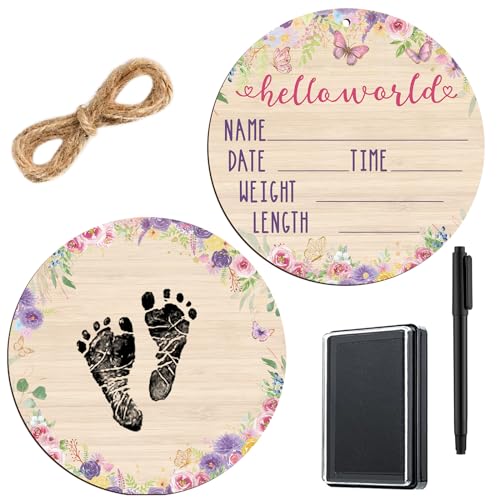 Image of Thyle Baby Announcement Wooden Name Sign for Hospital Birth Double Sided Newborn Welcome Sign with Marker Pen and Ink Pad for Baby Shower Hand Footprints(Butterfly)