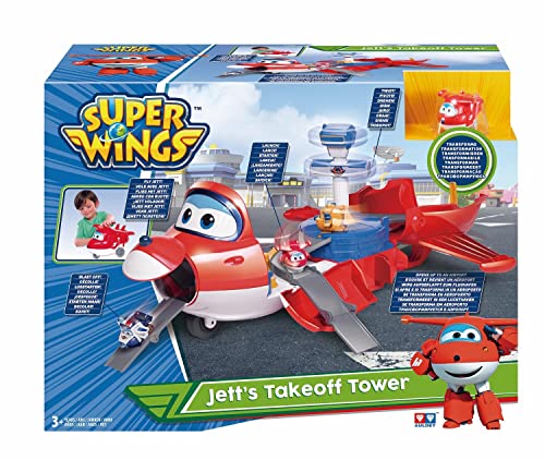 Super Wings Playset Jett‘s Takeoff Tower + Jett Pop-Transform-Figer - Spielflugzeug und Pop verwandelbarer Roboter aus der Zeichentrickserie Super Wings, Spielzeug für Kinder ab 3 Jahren, Weiß Rot Cover