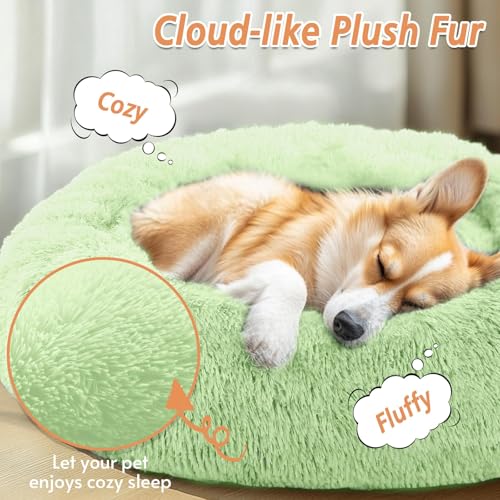 Image of JOLLYVOGUE Calming Dog Bed for Small Dogs - 23 inches Donut Washable Small Dog Bed for Kittens & Puppies, Anti-Slip Round Fluffy Plush Faux Fur Cat Beds (Fits up to 25 lbs Pets, Light Green)