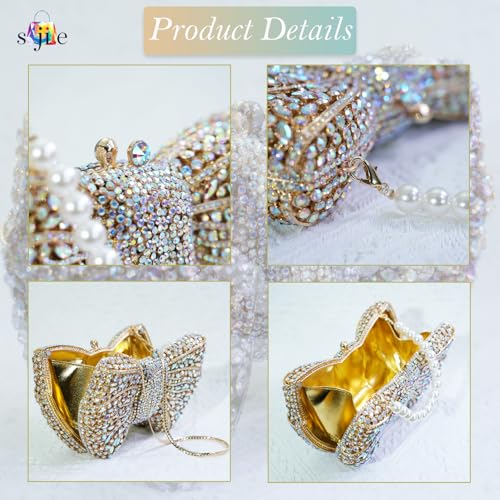 Image of Handmade Inlay Rhinestone Bow Clutch Bag for Women, Sparkling Evening Party Wedding Purse with Detachable Pearl Chain