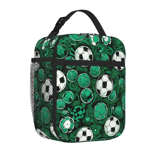 VQUVQV Football Soccer Lunch Box for Boys Girls Women Men, Insulated Leakproof Waterproof Lunch Bag with Mesh Pocket, Portable Cooler Tote Bag
