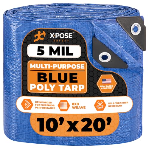 Image of Better Blue Poly Tarp 10' x 20' - Multipurpose Protective Cover - Lightweight, Durable, Waterproof, Weather Proof - 5 Mil Thick Polyethylene - by Xpose Safety