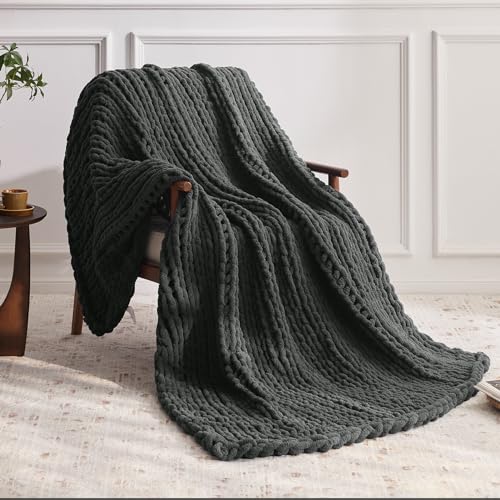 Negwoo Grobstrick-Überwurfdecke, 127,7 x 152,4 cm, Chenille-Garn für Bett, Couch, handgefertigt, dunkelgrau, gehäkelt, groß, dick… – Ansicht 2