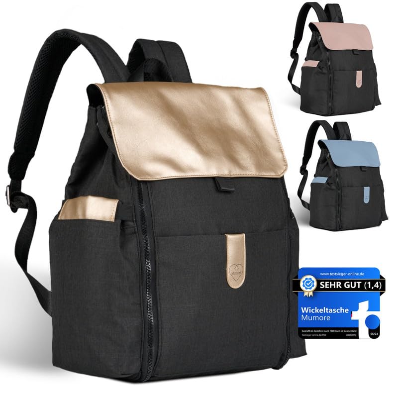 Mumore Wickeltasche Baby Wickelrucksack groß Gold [3 in 1] mit integrierter Wickelauflage 