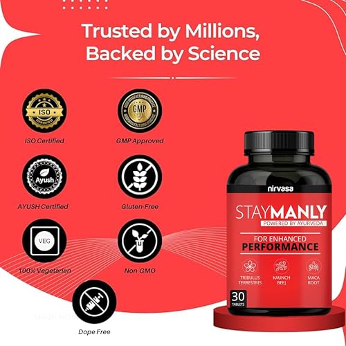 Image of Nirvasa StayManly Tablets (30 Tabs) | Ayurvedic Strength, Stamina & Performance Booster | Boosts Energy, Endurance & Vitality | Tribulus Terrestris, Ashwagandha, Safed Musli & Shilajit- Pack of 1