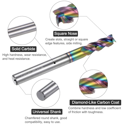 Image of uxcell Carbide Square End Mill, 1 /4 inch Diameter Diamond-Like Carbon Coated 4 Flutes Milling Bit Cutter, for Aluminum Copper Non-Ferrous Metal, 1 /4 inch Shank 3 /4 inch Cut Length 2-1 /2 inch Long HRC50