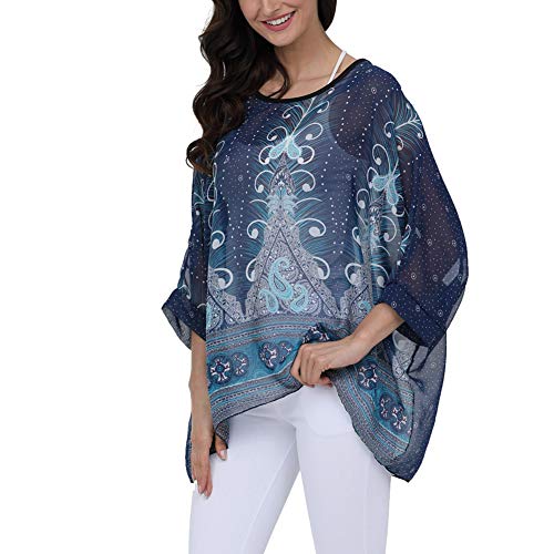 Image of Ckikiou Plus Size Batwing Flowy Semi Sheer Chiffon Blouse Tunic for Women Summer Floral Print Boho Beach Cover ups