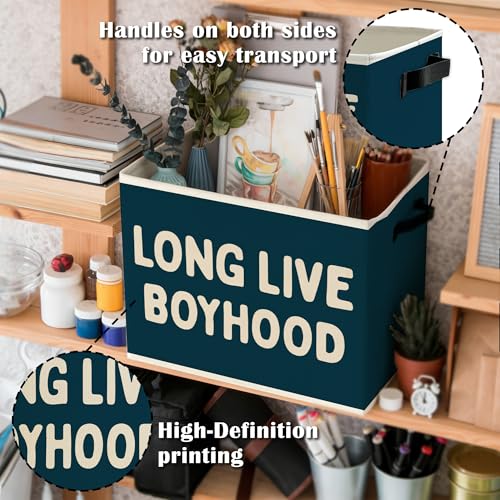 Image of Long Live Boyhood Boys Storage Bins Box with Handles, Blue Pattern Collapsible Basket Organizer for Kids Teen Boy Nursery Room Bedroom Bathroom Playroom Books Clothes