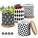 Coolty 4pcs Pot à Succulents en Céramique, Pots de Fleur Géométrie, Pot de Cactus avec Trou de Drainage, Coussin en Maille et Plateau en Bambou, Idée Cadeau Unique