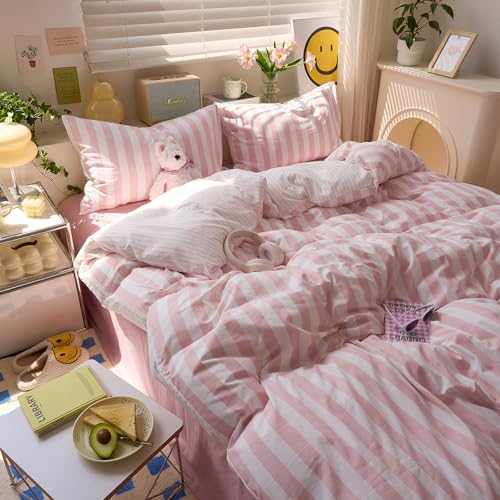 Image of LifeTB Peach Pink Striped Comforter Set King, 3 Piece Vintage Stripes Pattern Printed Bedding Set, Breathable Soft Farmhouse Striped Bedding Comforter King, Cozy Lightweight Pink Comforter Set