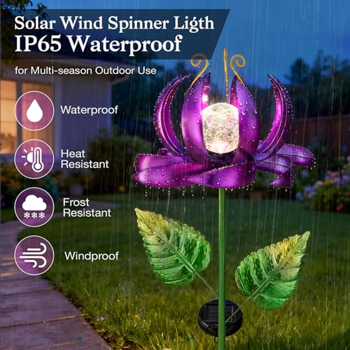 Image of Solar Yard Lights Wind Spinners- Metal Lotus Flower Garden Decor LED Crackle Glass Globe Yard Art Sculpture Solar Stake Lights for Patio Pathway Lawn Walkway (Purple-Large)