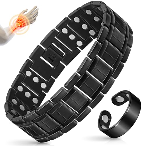 Mahnco Copper Bracelet for Men with Triple-Row Strong Magnets Magnetic Bracelets & Lymphatic Drainage Ring Set with Adjustable Sizing Tool, Magnetic Jewelry Gift (Black)