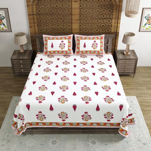 Image of BLOCKS OF INDIA Hand Block Printed 200 TC Cotton King Size Bedsheet | Pink Rose