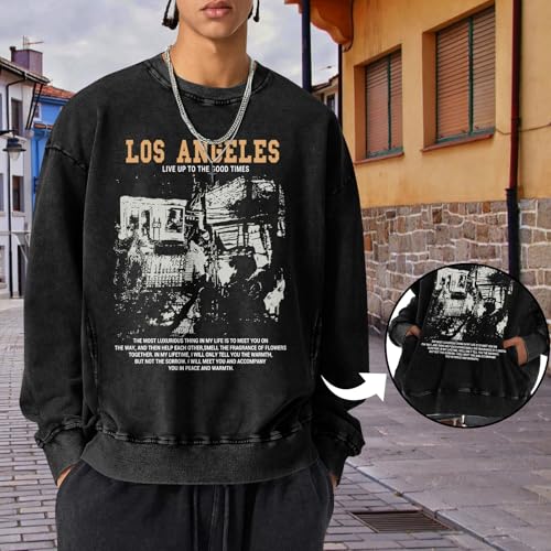 Mens Oversized Crewneck Sweatshirt Vintage Los Angeles Graphic Washed Sweatshirts with Pockets Streetwear Pullover3