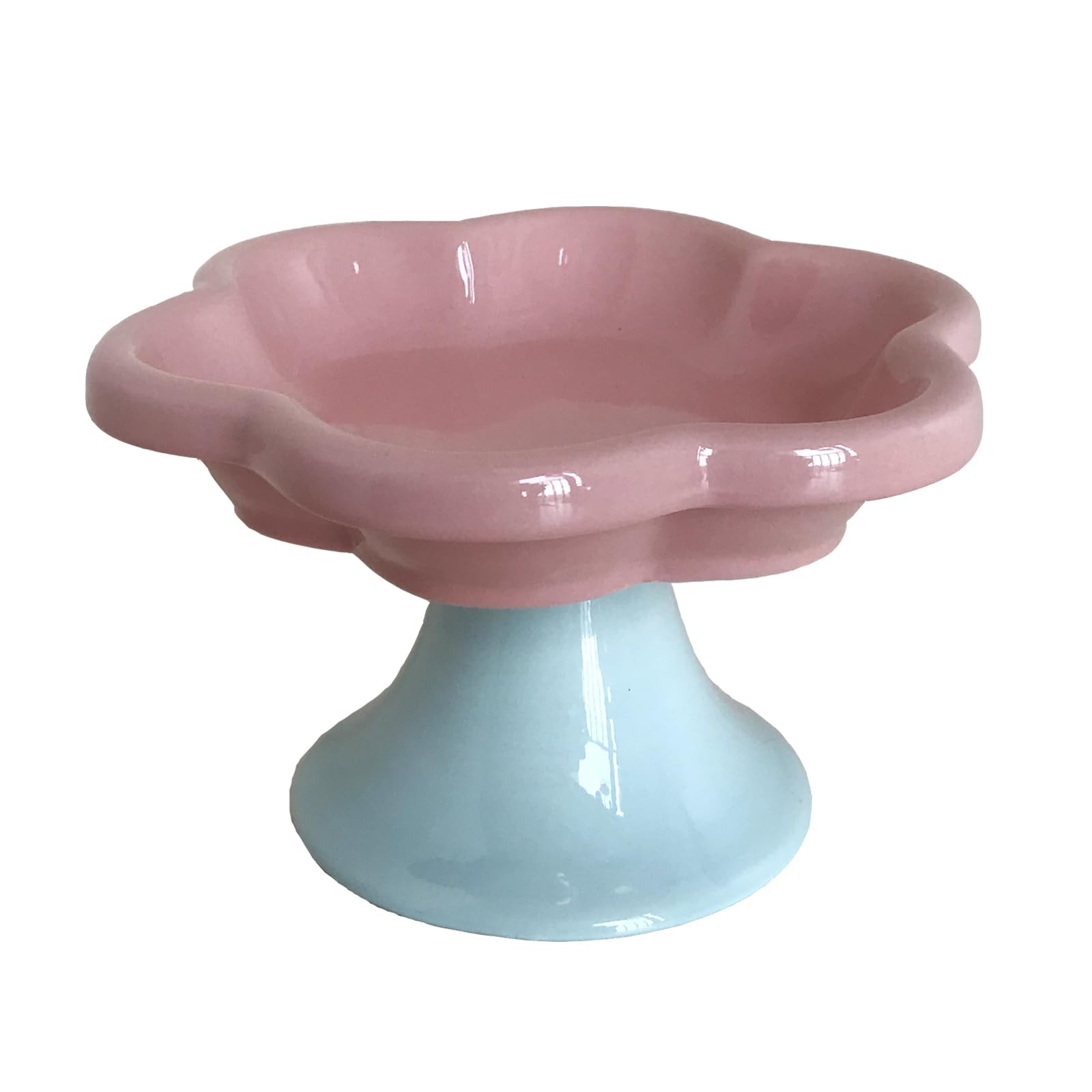 Ceramic Elevated Cat Bowls Flower Dish,Small Raised Dish.Flower Ceramic Raised Bowls for Cats and Small Dogs reducing pet’s Neck Bending and Pressure（Pink Blue）