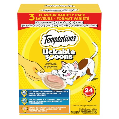 Temptations Lickable Spoons Adult Cat Treats Chicken & Salmon, Salmon & Tuna, Chicken & Cheese Flavours Variety Pack, (24) 10g Spoons