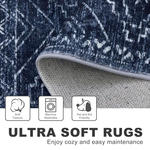 KILOCOCO Boho Kitchen Runner Rug 2x6 Washable Runner Rug, Soft Runners for Hallways Non Slip Printed Distressed Laundry Room Rugs, Low-Pile Rugs for Entryway/Bedroom/Living Room, Dark Blue