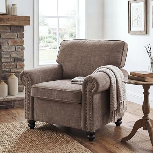 Sivoey Nailhead Armchair, Rolled Arms Accent Chair for Living Room, Single Sofa Chair with Springs Seat Cushion & Wooden Legs, Mid-Century Armchair for Apartment, Office, Farmhouse, Light Brown
