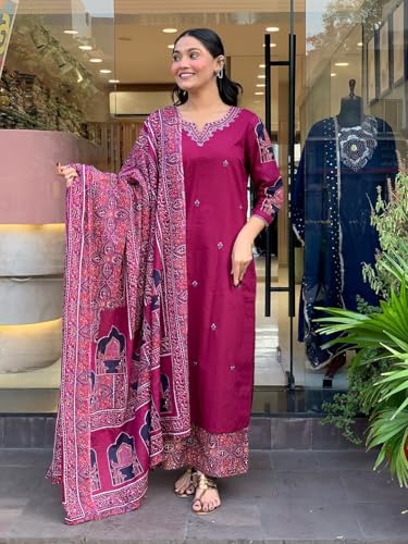 Image of ANNI Designer Women's Rayon Viscose Straight Printed Embroidery Kurta with Palazzo and Dupatta