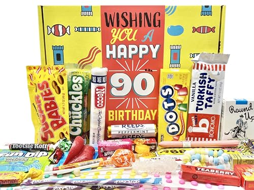 RETRO CANDY YUM 90th Birthday Gifts for Women & Men - Classic Candy for 90 Years Old Man & Woman - Nostalgic Candy Basket Box for Milestone Birthday Mom, Dad, Grandmother, Grandfather