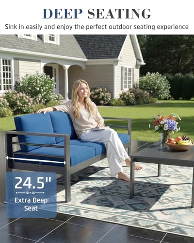 Image of AECOJOY Aluminum Patio Furniture Set, 5 Seats Modern Outdoor Furniture with Coffee Table, 4 Pieces Metal Conversation Sectional Sofa, Blue