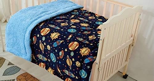 Fancy Linen Faux Fur Flannel Soft Baby Throw Blanket with Sherpa Backing Warm and Cozy Stroller or Toddler Bed Blanket 40"x 50" Rocket Solar System Sun Spaceship Space Stars Baby Boys Kids New