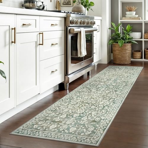 SILOLOOM Vintage 2x7 Runner Rug, Sage Green Beige Washable Runners for hallways, Super Soft Kitchen Runner Rug Non Slip, Print Faux Wool Floral Thin Carpet Runner for Entryway Indoor Bedside Runner - Cosy Home Interiors SILOLOOM Vintage 2x7 Runner Rug, Sage Green Beige Washable Runners for hallways, Super Soft Kitchen Runner Rug Non Slip, Print Faux Wool Floral Thin Carpet Runner for Entryway Indoor Bedside Runner - Image 2