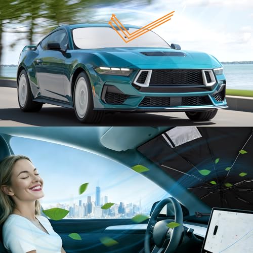 Image of Windshield Sun Shade for 2015-2026 Fo-rd Mustang | Foldable, Full covered for windshield, Block UV Rays, Heat Reduction, Easy to install, Keeps Car Cooler