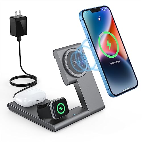 3-in-1 Foldable Magnetic Wireless Charger, 15W Fast Charging MagSafe Charger Stand for iPhone 15/14/13/12 Series, iWatch 8-2, AirPods 3/2/Pro (with QC 3.0 Adapter)