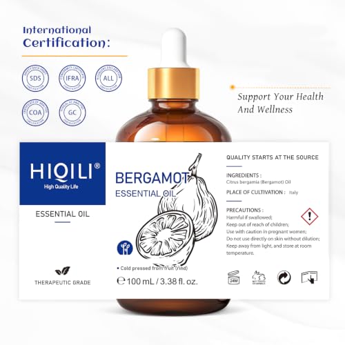 Image of HIQILI Bergamot Essential Oil for Diffuser, Skin & Hair | Creates a Calming Atmosphere for Home and Office, Works for Skin, DIY and More, with 10ml Travel Bottle -100ml / 3.38 fl oz
