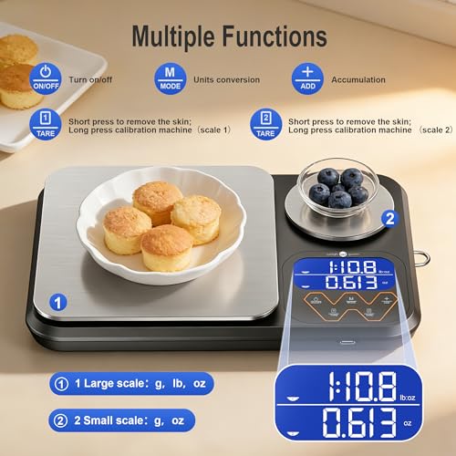 Image of Rechargeable Digital Dual Platform Kitchen Scales Weight, 11 lb Large & 1.1 lb Mini with Two Precisions Food Scale for Sourdough Bread, Baking and Cooking with 3 Units Tare, Accumulation Functions
