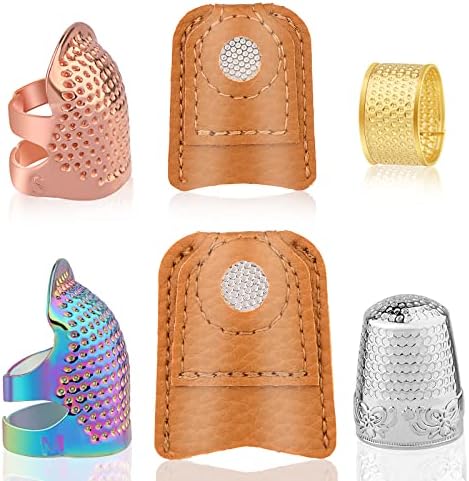 6 Piece Sewing Thimble Metal Thimble Rings Adjustable Metal Finger Shield Ring and Leather Coin Finger Protectors, Sewing Thimble Cap for Sewing Embroidery Needlework Accessories