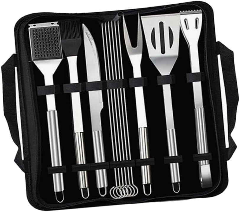 STOBAZA 12pcs BBQ Tools Kit Stainless Steel BBQ Tools Set Brush Tongs Fork Knife Clamp Spatula Skewer Barbecue Accessories Storage Bag for Camping