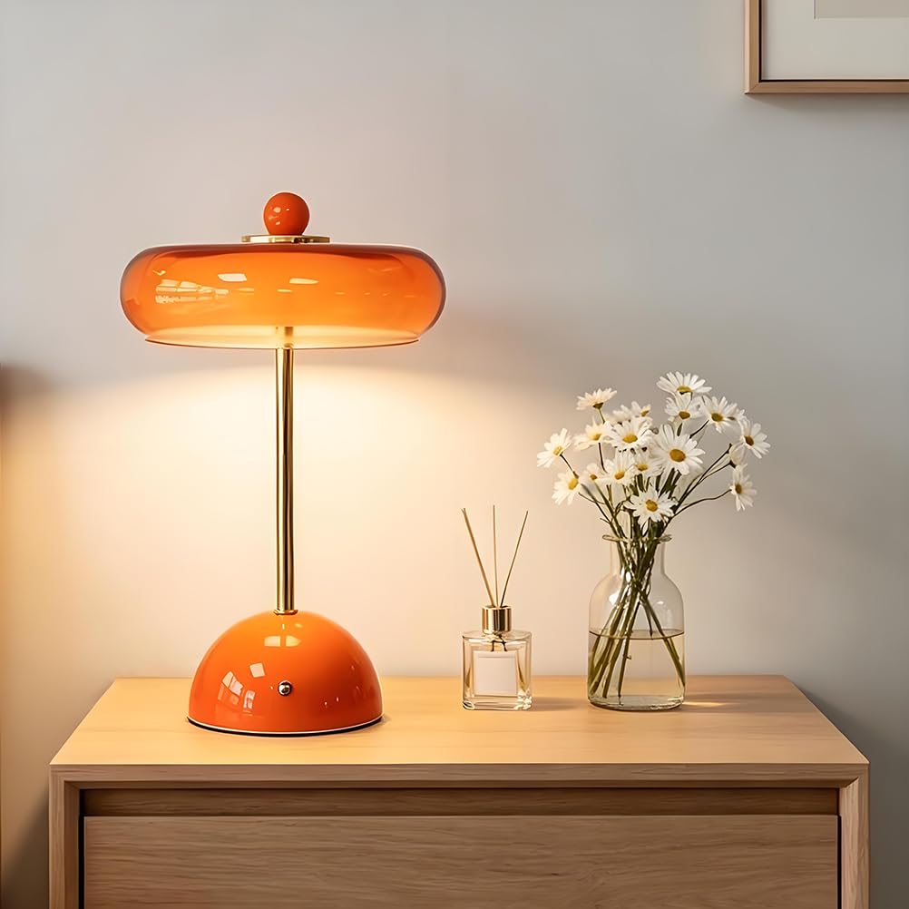 AoLa Tischlampe Orange Kabellos Pilzlampe Akku Tischleuchte Dimmbar Touch Lampe USB Aufladbar Batterie Nachttischlampe Ohne Kabel 3000K-6000K Orange Pilz Lampe Tragbare Vintage Lampe