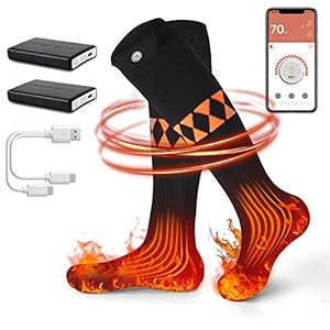 Calze Riscaldate a Batteria, 5000mAh Ricaricabili Calzini Scaldapiedi con App, Scaldapiedi Elettrici con 4 Impostazioni di Riscaldamento, Calze Riscaldate Elettrica per Ciclismo/Pesca/Trekking