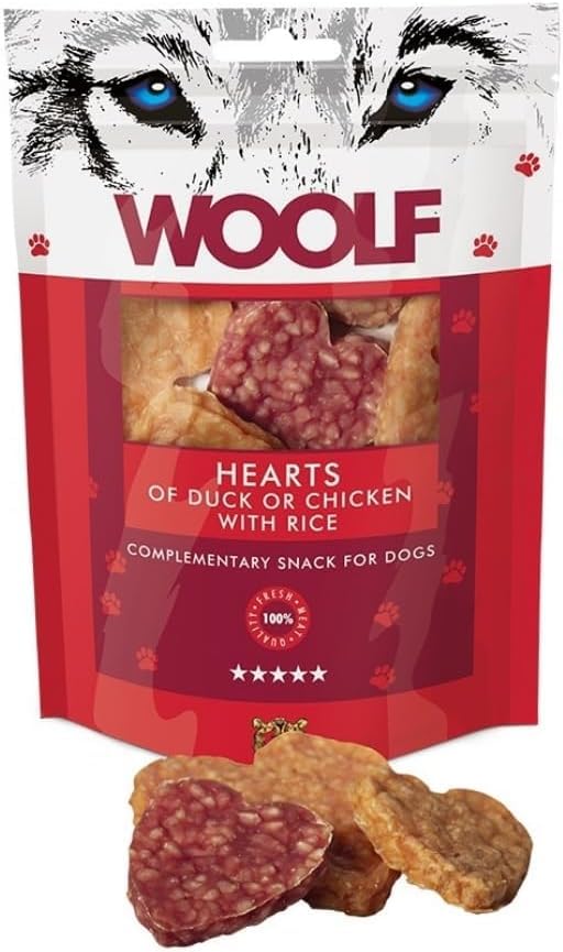 Sparpack 10x100gr - Woolf Snacks von Ente und Huhn für Hunde - Leckerlis, Natürliche herzförmige Leckerlis für Hunde