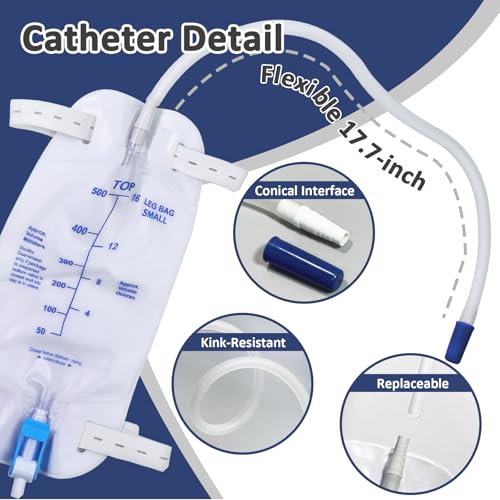 5 Pcs 500ml Leg Bag Urinary Drainage Bag with 18” Tubing – Portable & Wearable with Adjustable Straps Easy-Drain Anti Reflux & Leak-Proof, Blue