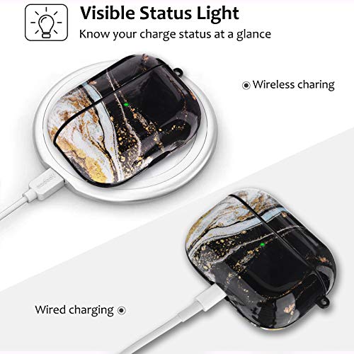 Qingqing Airpods Pro Case, Cute Marble Airpod Pro Protective Hard Case Cover Shockproof Women Girls Men With Keychain For Apple Airpods Pro Charging Case (Black Gold Wave) #TOP3