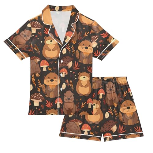 ALAZA Cute Mushroom Bear Brown Beaver Pajamas Satin Pajama Set Short Sleeve Button Down Sleepwear