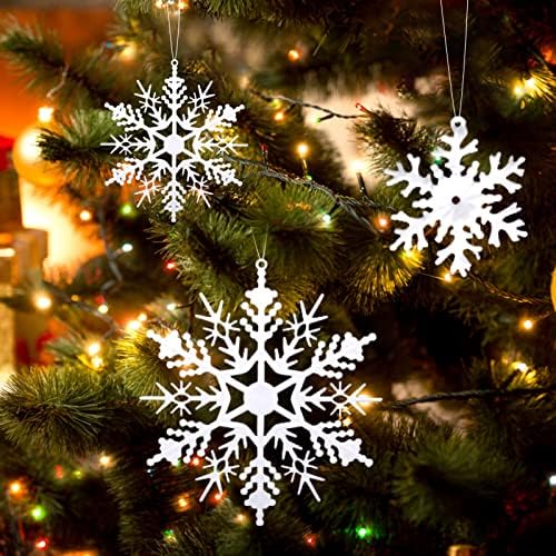 100PCS Glitter Snowflake Hanging Decorations with 40m Line, White Mini Snowflake Ornaments 1-3 IN Plastic Party Decorations for Winter Wonderland Window Door Accessories