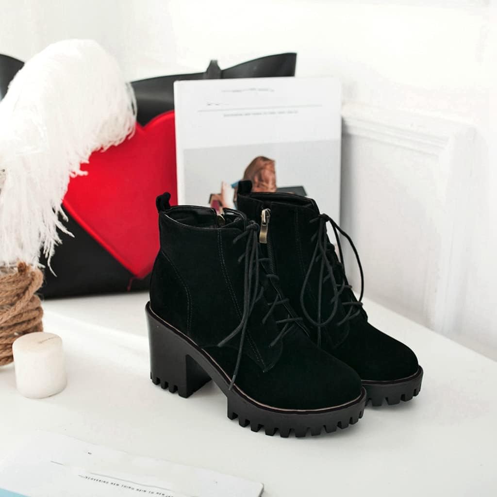 Women's Round Toe Platform Dressy Ankle Boots Lace Up Chunky Block High Heel Winter Dress Short Bootie