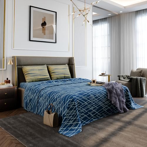 Image of Stoa Paris 100% Cotton King Size Bedsheet with 2 Pillow Covers, 180TC Printed Bedding Set, Breathable, All-Season Comfort, Soft & Lightweight, Home Decor, Urbanscape - Cerulean Beams (228cm x 274cm)