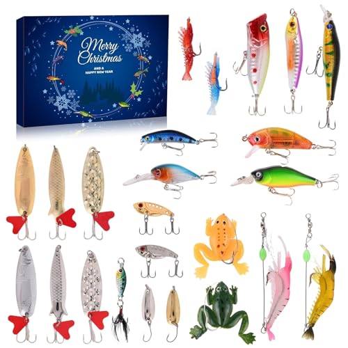 Angelkalender Deluxe Raubfisch Angler Adventskalender Angel Weihnachtskalender Fishermans Angelgerät Weihnachtskalender Köder Set Adventskalender für Erwachsene Teenager Jungen