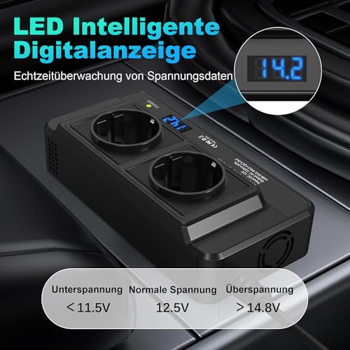 200W Auto Spannungswandler Wechselrichter DC 12V to AC 230V mit 2 Steckdosen und 4 USB Ports Schnelles Aufladen KFZ Ladegerät mit Zigarettenanzünderstecker für Geschaeftsfahrten und Urlaub