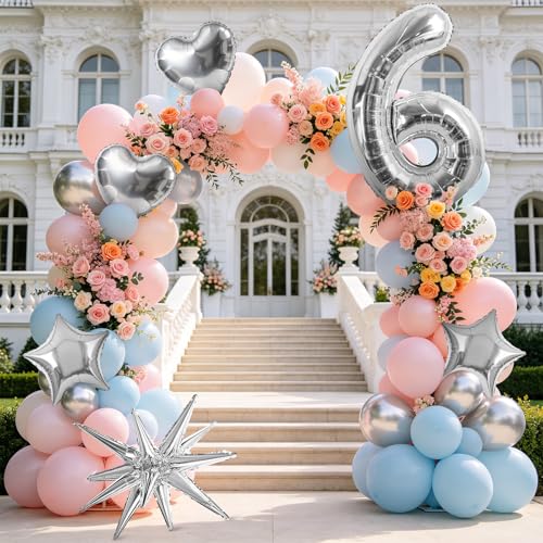 Image of TONIFUL 6th Birthday Balloons Kit 40Inch Silver Large Number 6 Foil Balloon | with 18Inch Helium Mylar Heart Star Balloons for Kids Women Men Birthday Anniversary Graduation New Year Eve Party Decoration