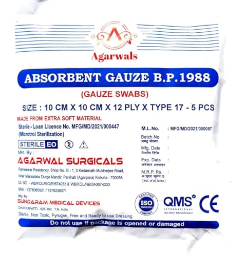 Image of Absorbent Gauze Swabs Sterile 10 cm X 10 cm X 12 ply (5Pcs /Pack)(Pack of 10 i.e. 50 Dressings)