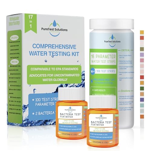 PureTest Solutions 17 in 1 Complete Drinking Water Test Kit (100 strips & 2 Bacteria Tester Kit) assesses for lead, alkalinity, chlorine, hardness, iron, fluoride, copper, and more.