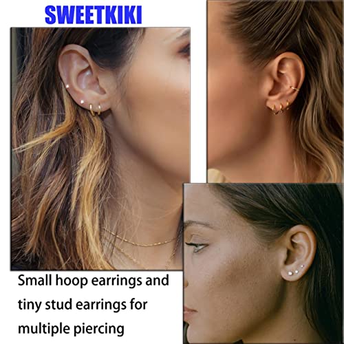 Dainty 6 Pairs Earrings Sets for Multiple Piercing, Lightweight 14K Gold Plated Small Huggie Hoop Earrings, Lobe, Hypoallergenic (14K Gold Plated- Huggie Hoops and CZ Studs) by Sweetkiki - Image 4